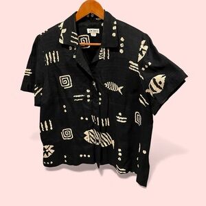 Vintage 80s-90s oversized fishbone black flowy blouse contrast swirl